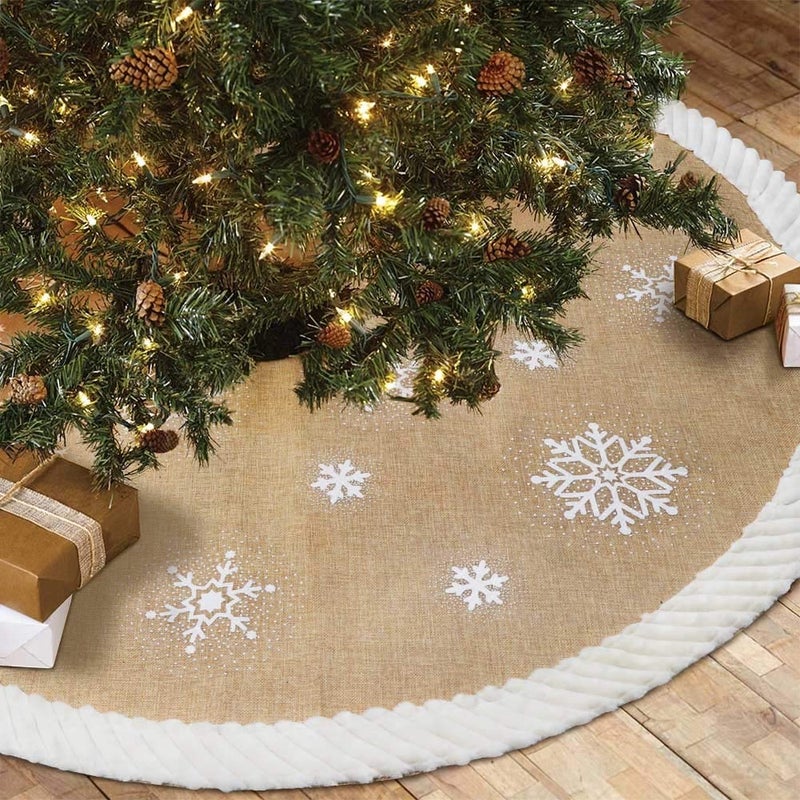 OurWarm Christmas Tree Skirt 48inch White Snowflake Fur Burlap Tree Skirt for Xmas Decor Festive Holiday Decorations Indoor Outdoor