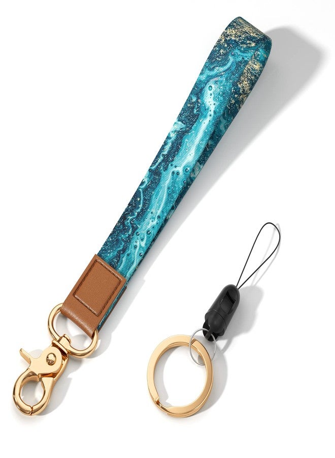Hsxnam Wrist Lanyard Key Chain, Cute Wristlet Strap Keychain Holder for Women Men Car Keys ID Badges Card Wallet Phone Camera, Teal Marble - Image 1