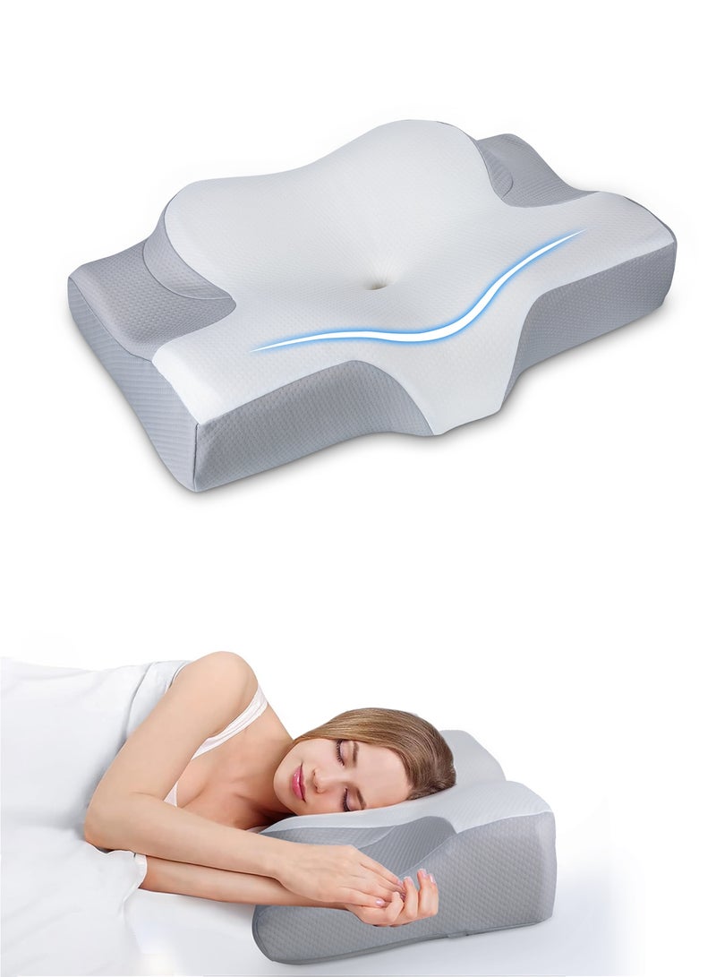 وسادة رقبة بتصميم فراشة لدعم العنق والعمود الفقري، تخفيف آلام الرقبة، مريحة وقابلة للتهوية، وسادة إرغونومية من الإسفنج الميموري، مناسبة للنوم الجانبي وعلى الظهر والبطن، مع كيس وسادة - Image 1