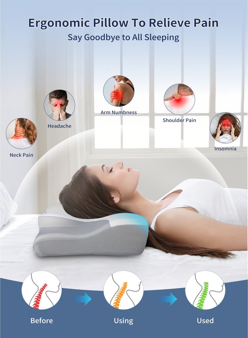 وسادة رقبة بتصميم فراشة لدعم العنق والعمود الفقري، تخفيف آلام الرقبة، مريحة وقابلة للتهوية، وسادة إرغونومية من الإسفنج الميموري، مناسبة للنوم الجانبي وعلى الظهر والبطن، مع كيس وسادة - Image 2