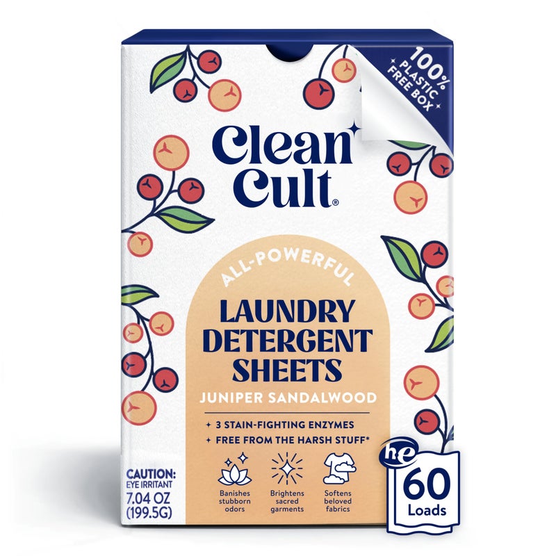 Cleancult Laundry Detergent Sheets Resealable Box 3 Stain Fighting Enzymes Juniper Sandalwood 60 Loads Free of Harsh Chemicals No Mess No Plastic Waste