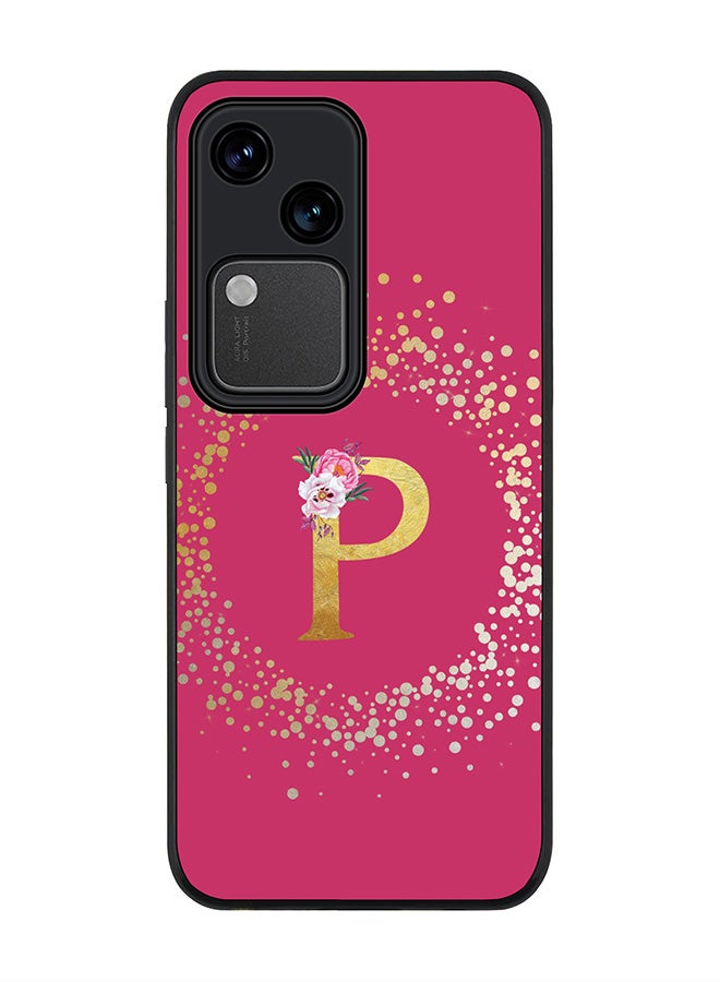Stylizedd Rugged Black edge case for Vivo V30 5G, Slim fit Cover Custom Monogram Initial Letter Floral Pattern Alphabet - P ( Deep Pink Rose )  - Image 1