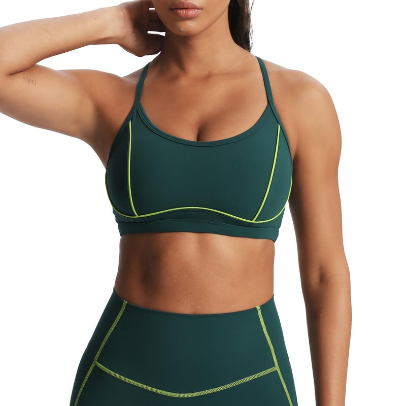 Aoxjox Women's Workout Sports Bras Fitness Training Gym Lexi Lined Bra Yoga Crop Tank (Dark Sea Green/Lime Green, X-Large) - Image 1