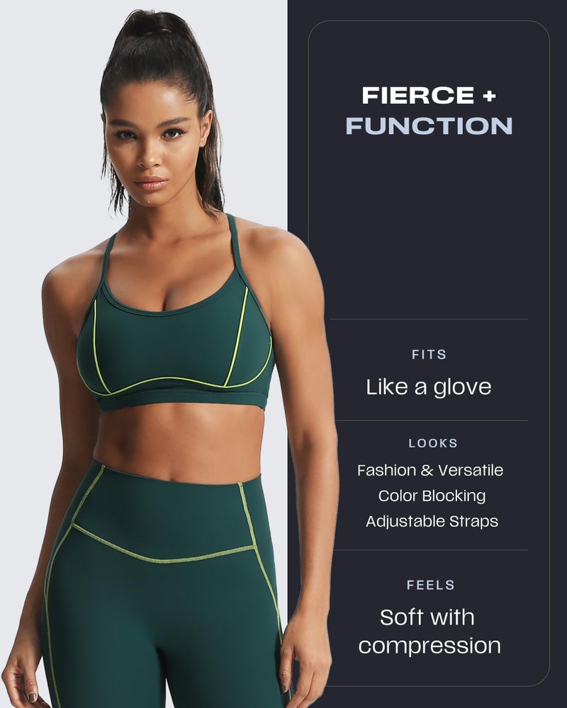 Aoxjox Women's Workout Sports Bras Fitness Training Gym Lexi Lined Bra Yoga Crop Tank (Dark Sea Green/Lime Green, X-Large) - Image 2