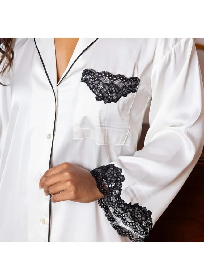 Aadaraya Aadaraya Sateen Sleepshirt with Long Sleeves and Lace Detail