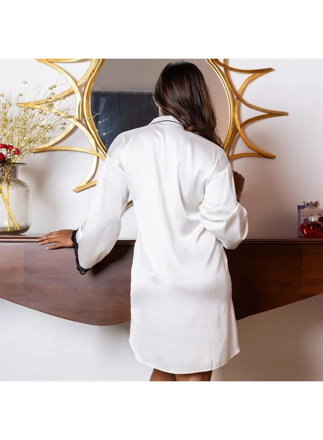 Aadaraya Aadaraya Sateen Sleepshirt with Long Sleeves and Lace Detail