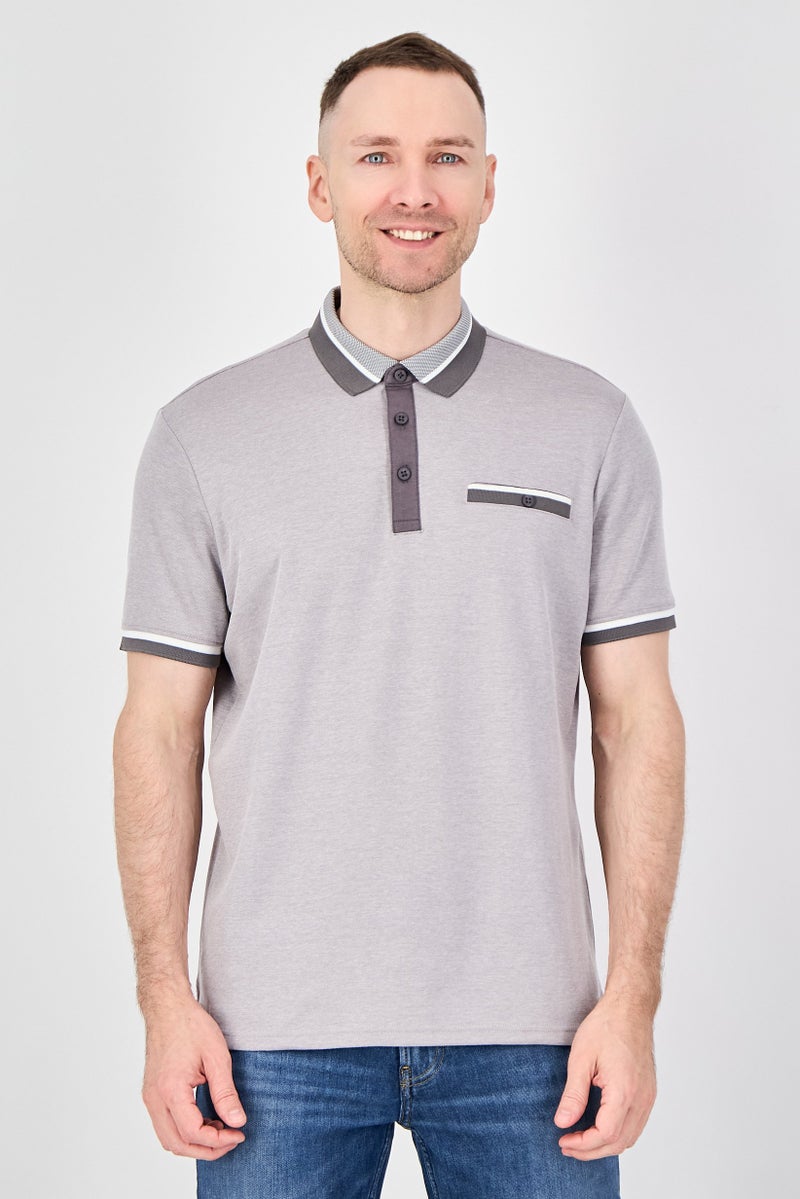 Report Collection Men Regular Fit Short Sleeve Stripe Polo Shirt, Grey - Image 1