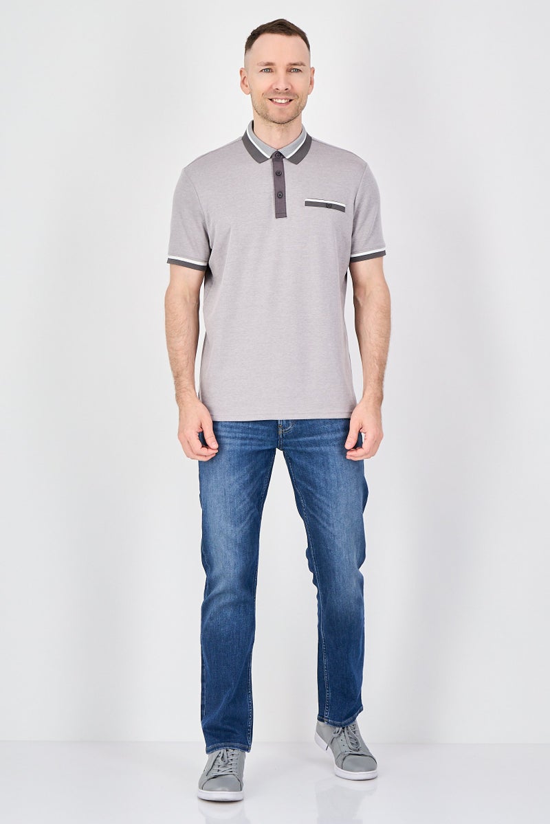 Report Collection Men Regular Fit Short Sleeve Stripe Polo Shirt, Grey - Image 4