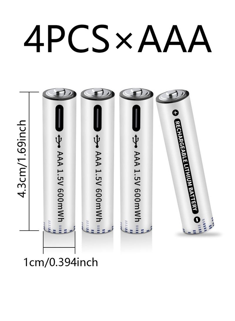 4-Pack USB AAA Lithium ion Rechargeable Battery, High Capacity 1.5V 600mWh Rechargeable AAA Battery, Cycle With Type C Port Cable, Constant Output
