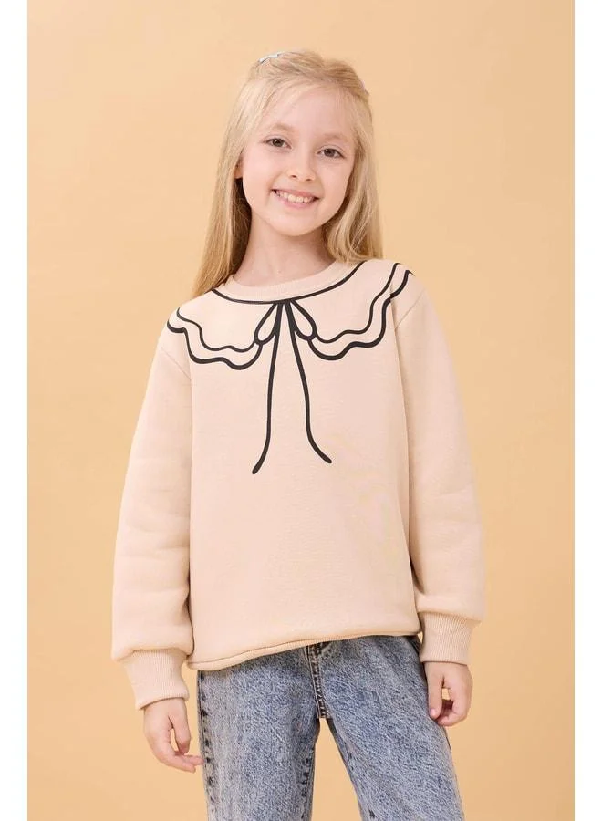 Perendi Girl's Bike Collar Print Sherpa Winter Sweatshirt - Stone.