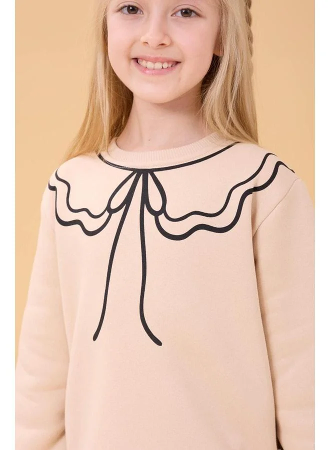 Perendi Girl's Bike Collar Print Sherpa Winter Sweatshirt - Stone.