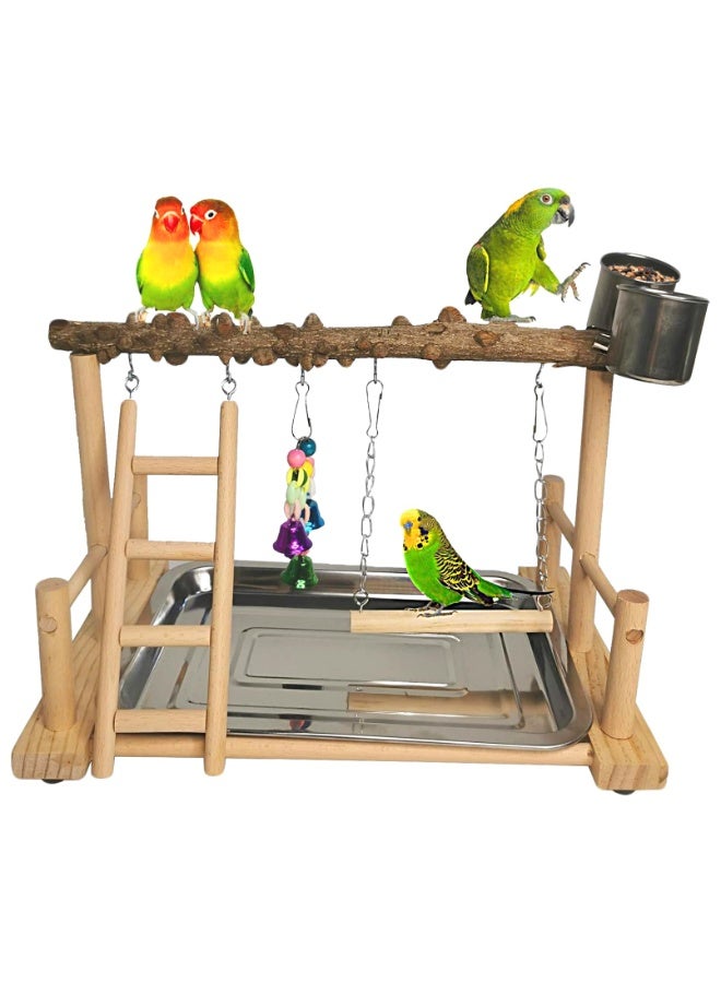 Bird Perch Wooden Exercise Play Perch Gym, Bird Cage Accessory with Removable Tray and 2 Stainless Steel Cups, Ladder Hanging Swing, Suitable for Pet Budgies, Eros Bird Life Activity Center Training Rack - Image 1