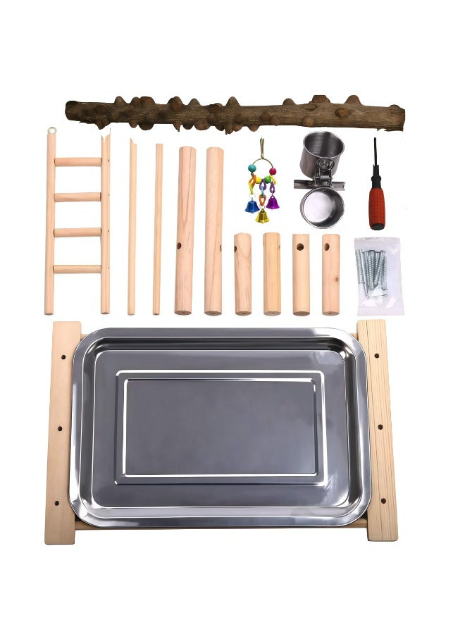 Bird Perch Wooden Exercise Play Perch Gym, Bird Cage Accessory with Removable Tray and 2 Stainless Steel Cups, Ladder Hanging Swing, Suitable for Pet Budgies, Eros Bird Life Activity Center Training Rack - Image 5