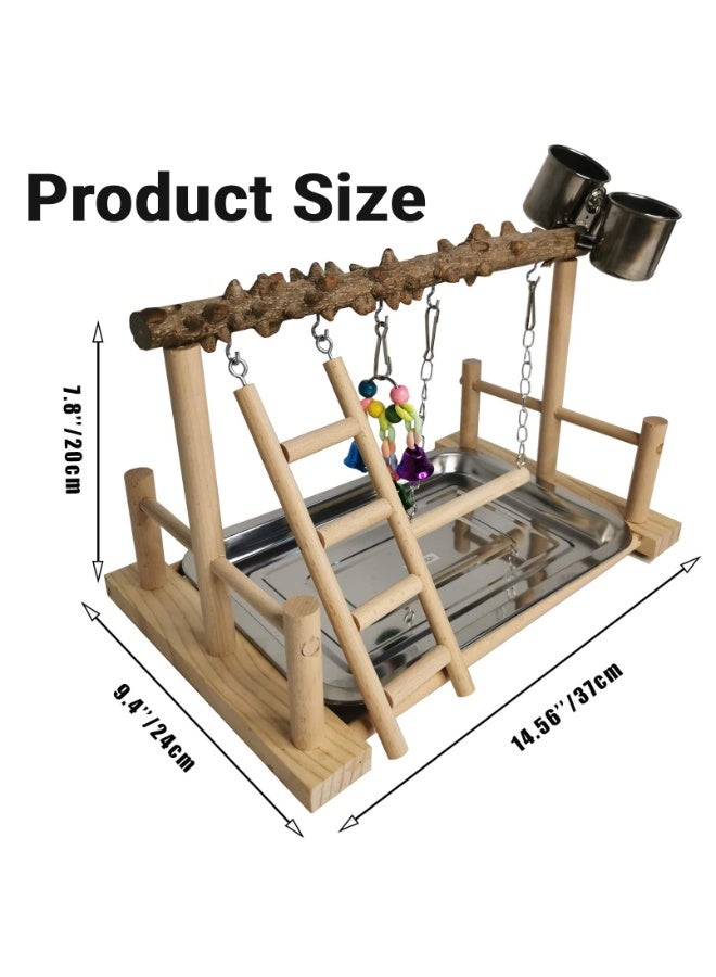 Bird Perch Wooden Exercise Play Perch Gym, Bird Cage Accessory with Removable Tray and 2 Stainless Steel Cups, Ladder Hanging Swing, Suitable for Pet Budgies, Eros Bird Life Activity Center Training Rack - Image 2