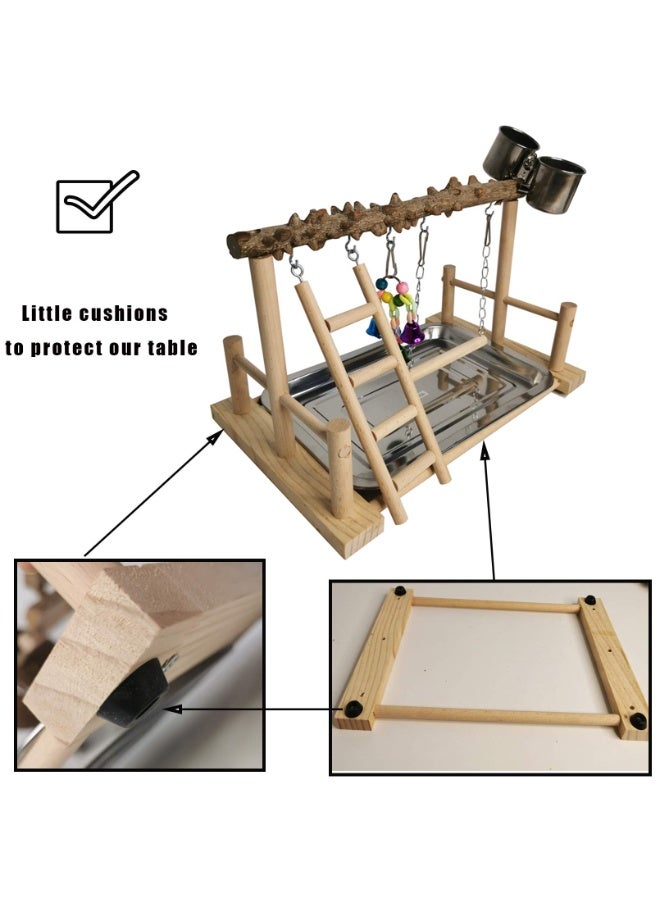 Bird Perch Wooden Exercise Play Perch Gym, Bird Cage Accessory with Removable Tray and 2 Stainless Steel Cups, Ladder Hanging Swing, Suitable for Pet Budgies, Eros Bird Life Activity Center Training Rack - Image 3
