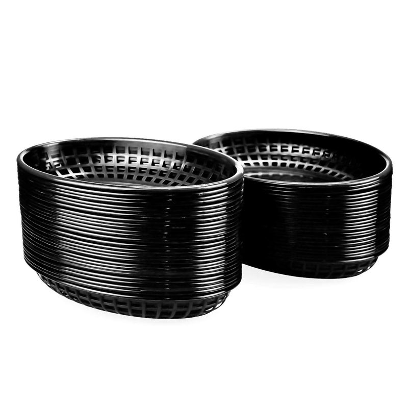 Kingrol 50 Pack Black Oval Fast Food Baskets, Food Serving Tray for Sandwiches, Burgers, Nachos, Fries, Hot Corn Dogs, Plastic Storage Basket Bin, 8-7/8 x 5-5/8 Inches - Image 1