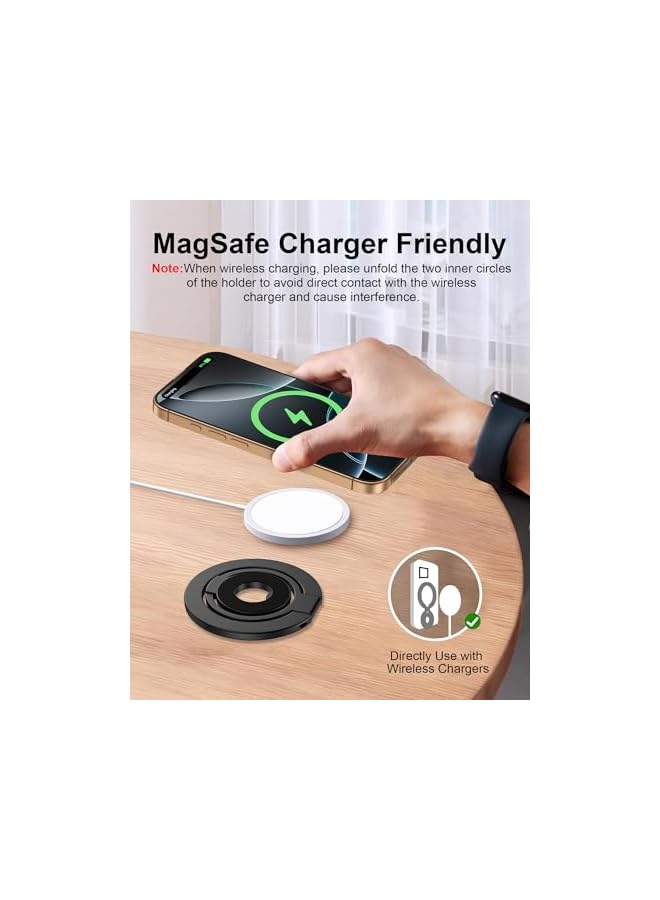 S-TOP Phone Ring Holder Grip with Dual-Side Magnets, Universal Magnetic Kickstand | Wireless Charging Friendly, Foldable Stand for iPhone 17e 17 16 Pro, Samsung, Case, Desk, Car Mount, MagSafe Compatible-Black - Image 2