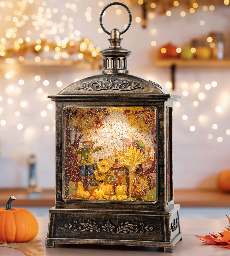 VISFLAIR 12.5'' Fall Snow Globe Lantern - Scarecrow and Turkey Lighted Water Lantern with Swirling Glitter Fall Decorations for Home, Thanksgiving, Autumn Harvest Fall Decor - Image 1