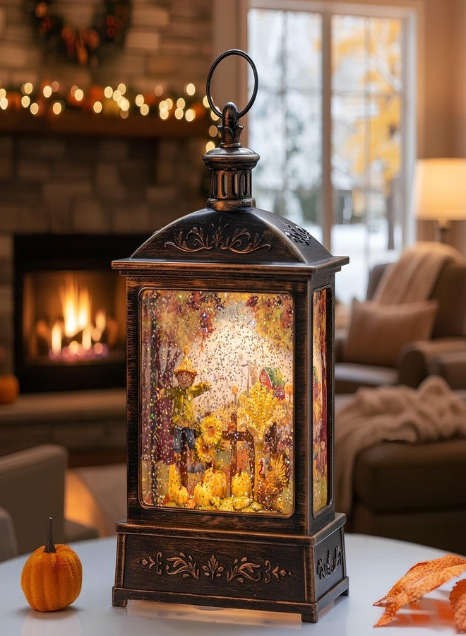 VISFLAIR 12.5'' Fall Snow Globe Lantern - Scarecrow and Turkey Lighted Water Lantern with Swirling Glitter Fall Decorations for Home, Thanksgiving, Autumn Harvest Fall Decor - Image 3