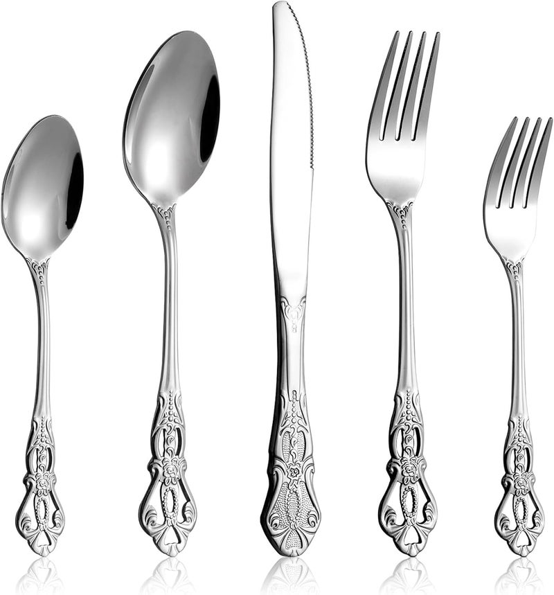 Cididu 40 Pieces Retro Royal Silverware Set for 8 Stainless Steel Flatware Set Dishwasher Safe Dinnerware Set Including Forks Spoons and Knives Vintage Cutlery Set for Wedding Party and Christmas - Image 1