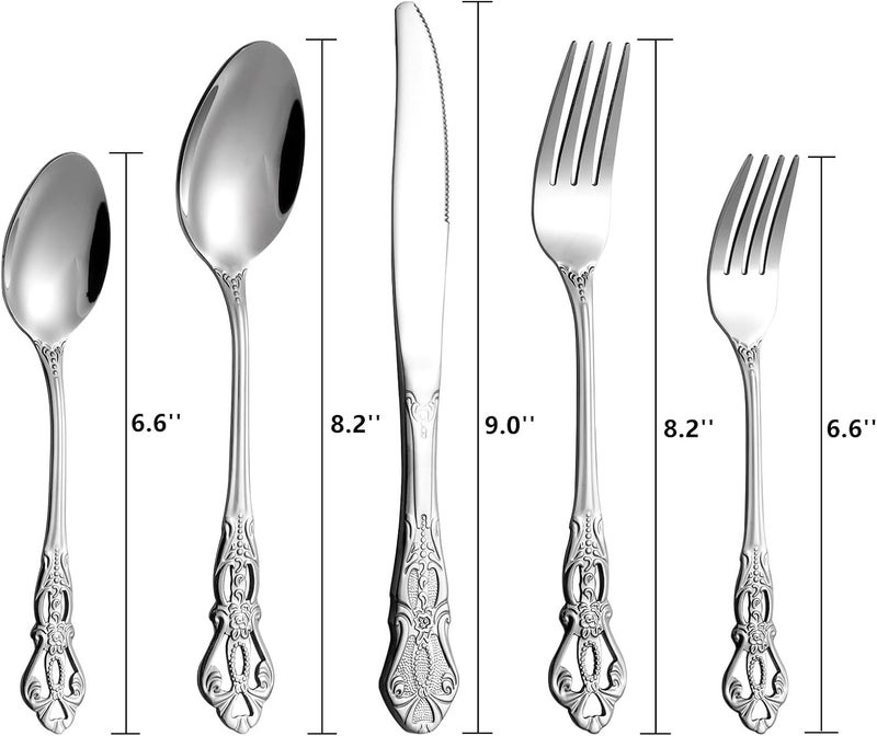 Cididu 40 Pieces Retro Royal Silverware Set for 8 Stainless Steel Flatware Set Dishwasher Safe Dinnerware Set Including Forks Spoons and Knives Vintage Cutlery Set for Wedding Party and Christmas - Image 2