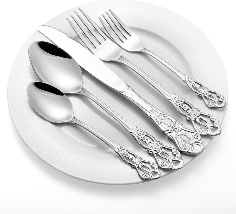 Cididu 40 Pieces Retro Royal Silverware Set for 8 Stainless Steel Flatware Set Dishwasher Safe Dinnerware Set Including Forks Spoons and Knives Vintage Cutlery Set for Wedding Party and Christmas - Image 3