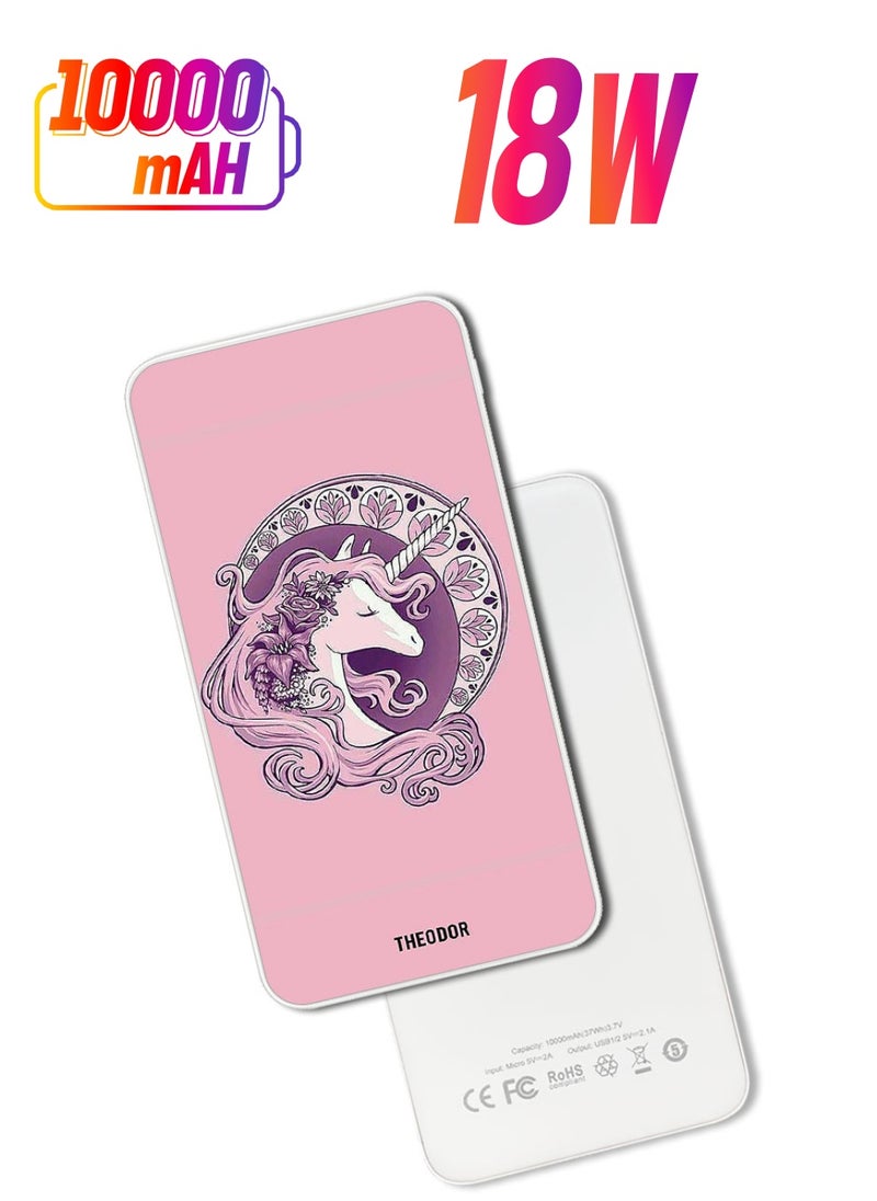 Theodor - 10,000 mAh Super Fast Charging Ultra Compact Power Bank with Quick Charge & Power Delivery, Portable Charger For iPhone and Android Pink Unicorn - Image 1