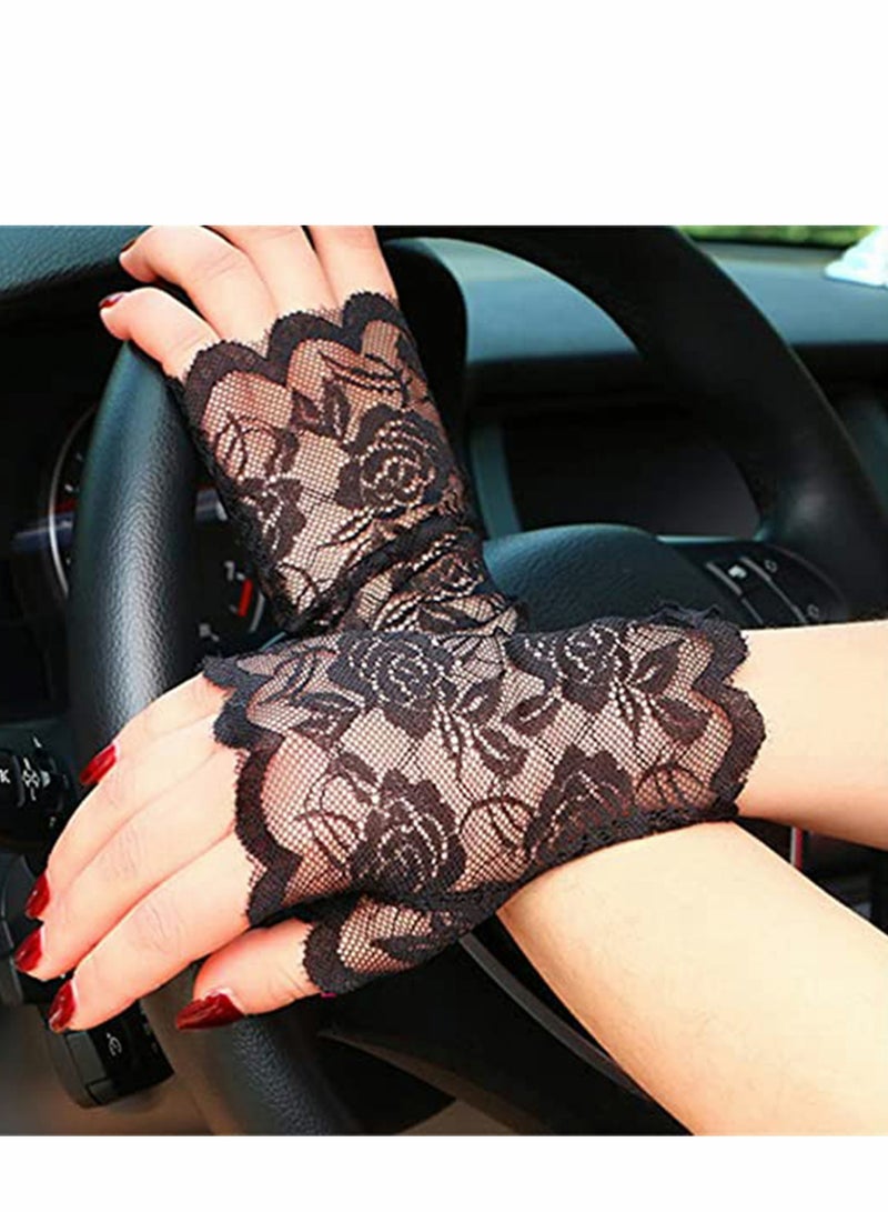 Gloves Lace UV Protection Gloves Fingerless Hand Short Gloves Sun Block Driving Gloves for Girls Women (Black) - Image 2
