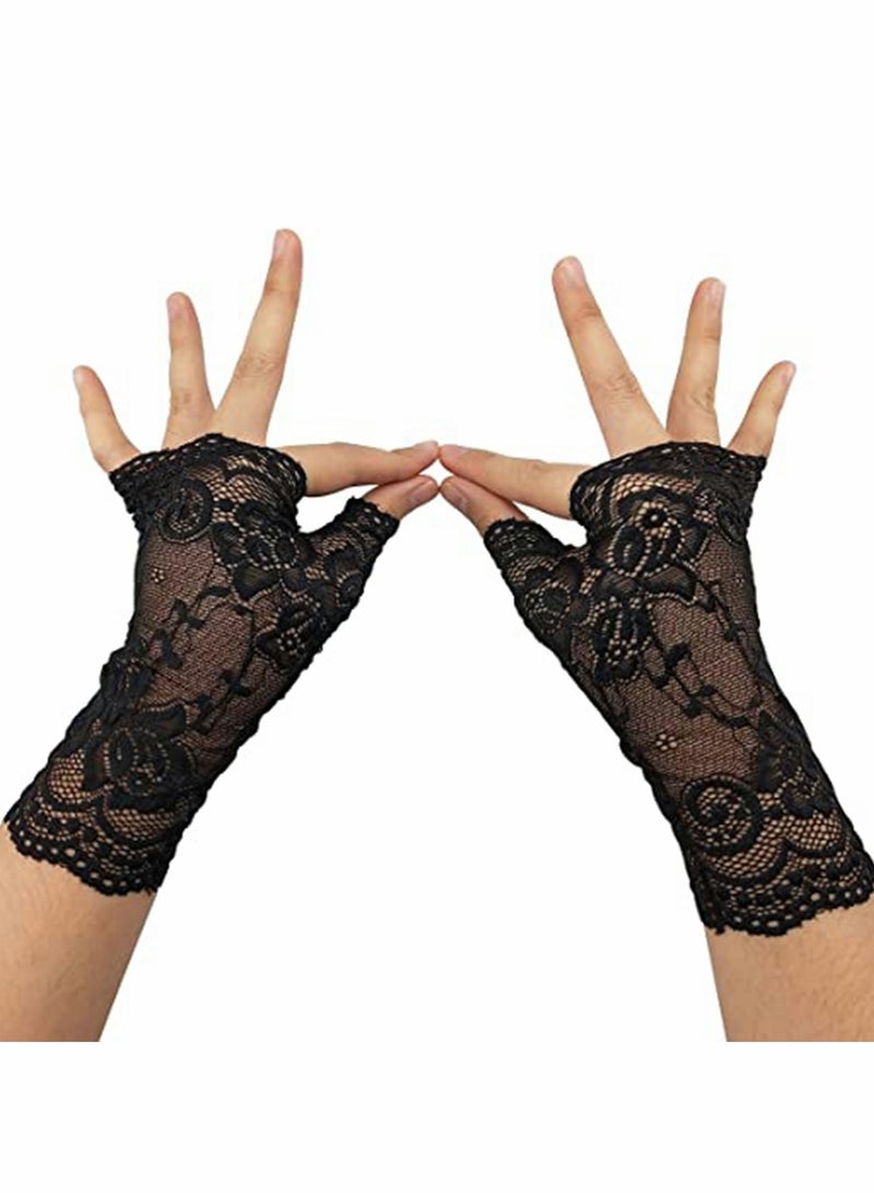 Gloves Lace UV Protection Gloves Fingerless Hand Short Gloves Sun Block Driving Gloves for Girls Women (Black) - Image 5