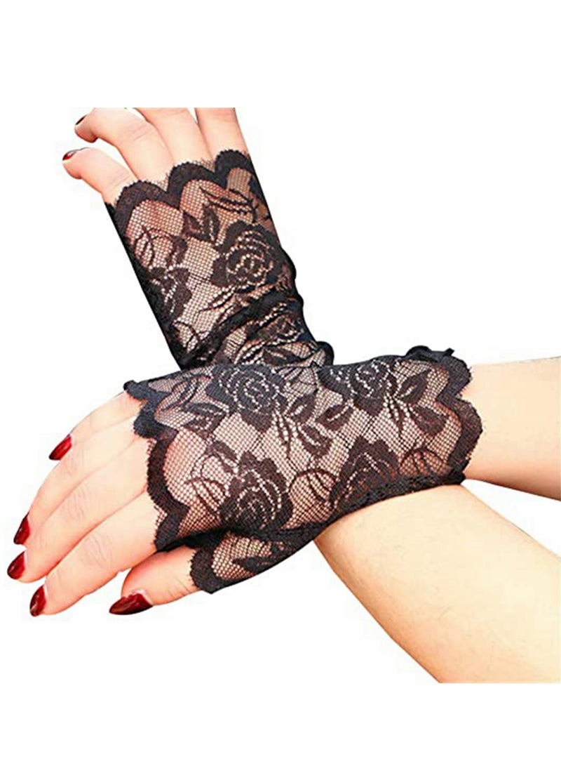 Gloves Lace UV Protection Gloves Fingerless Hand Short Gloves Sun Block Driving Gloves for Girls Women (Black) - Image 1