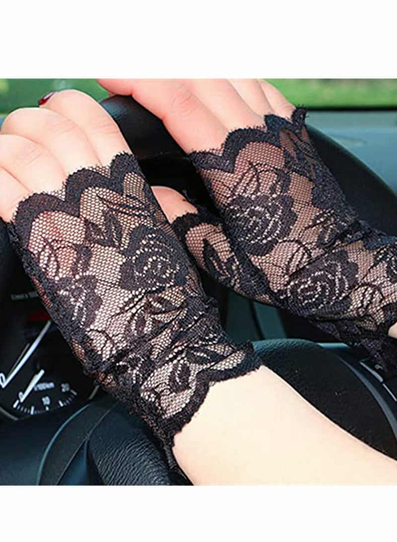 Gloves Lace UV Protection Gloves Fingerless Hand Short Gloves Sun Block Driving Gloves for Girls Women (Black) - Image 4