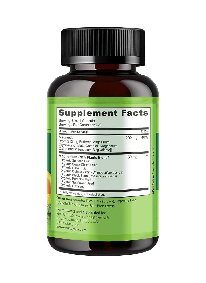 NATURELO - Magnesium Glycinate Chelate Complex with Plant-Based Whole Food Blend Formulated to Support Healthy Bones, Heart And Stress Relief Dietary Supplement 240 Vegetarian Capsules - Image 1