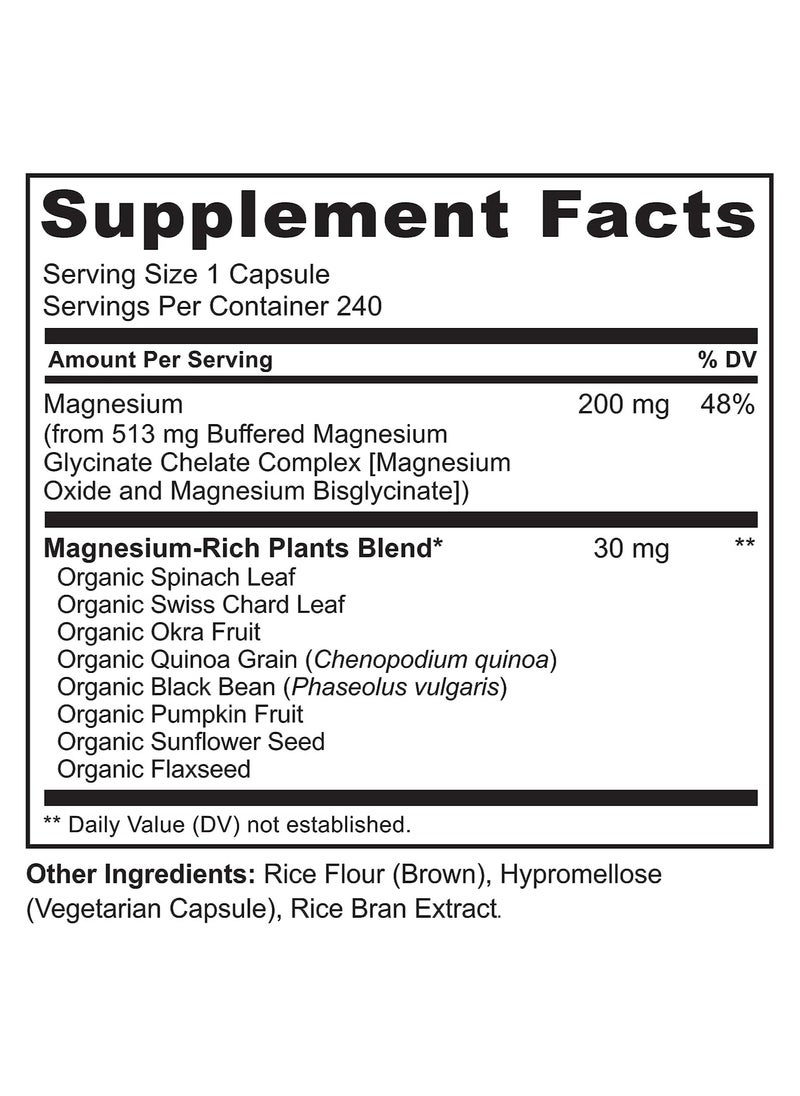 NATURELO - Magnesium Glycinate Chelate Complex with Plant-Based Whole Food Blend Formulated to Support Healthy Bones, Heart And Stress Relief Dietary Supplement 240 Vegetarian Capsules - Image 1