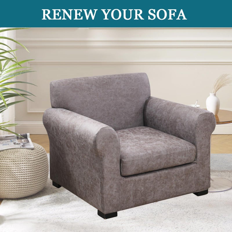 FUANGUI 2 Piece Chair Covers Stretch Arm Covers Chair Couch Covers, Faux Leather Looking Armchair Slipcover with Separate Chair Cushion Cover, Washable Chair Protector for Living Room - Grey - Image 5