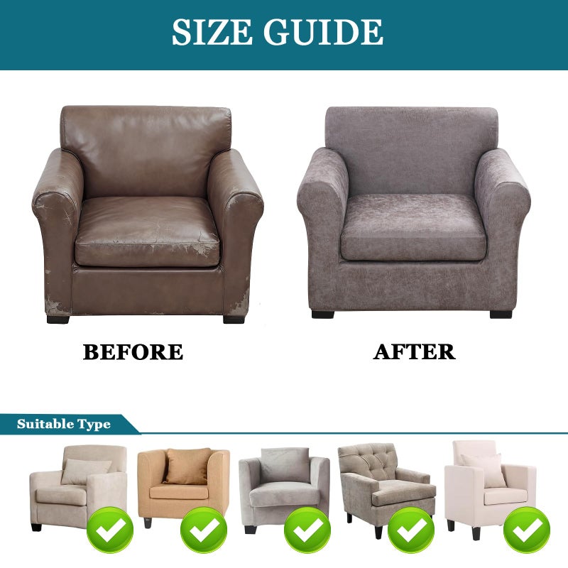 FUANGUI 2 Piece Chair Covers Stretch Arm Covers Chair Couch Covers, Faux Leather Looking Armchair Slipcover with Separate Chair Cushion Cover, Washable Chair Protector for Living Room - Grey - Image 4