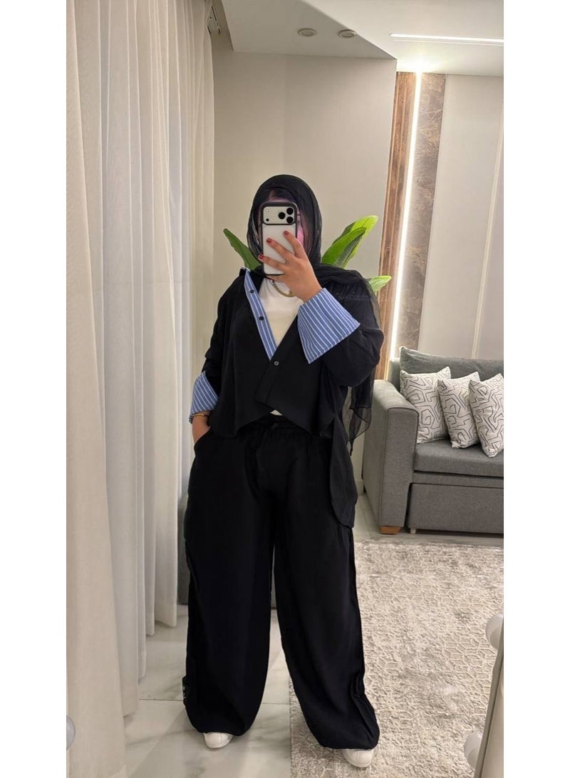 Women's Two-Piece Striped Casual Set: Layered Shirt with a Modern Design, Imported Treated Linen Fabric, Comfortable for Outings, University, and Travel, One Size Fits Up to 85 kg, Code 4078 - Image 4