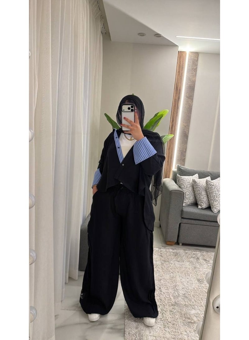 Women's Two-Piece Striped Casual Set: Layered Shirt with a Modern Design, Imported Treated Linen Fabric, Comfortable for Outings, University, and Travel, One Size Fits Up to 85 kg, Code 4078 - Image 3