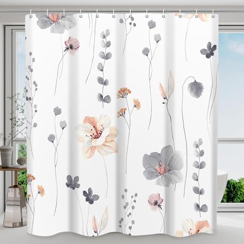WITHLOC Waterproof Shower Curtain Set with Hooks - Watercolor Grey Floral Plant Shower Curtains for Bathroom, 72 x 72 - Image 1