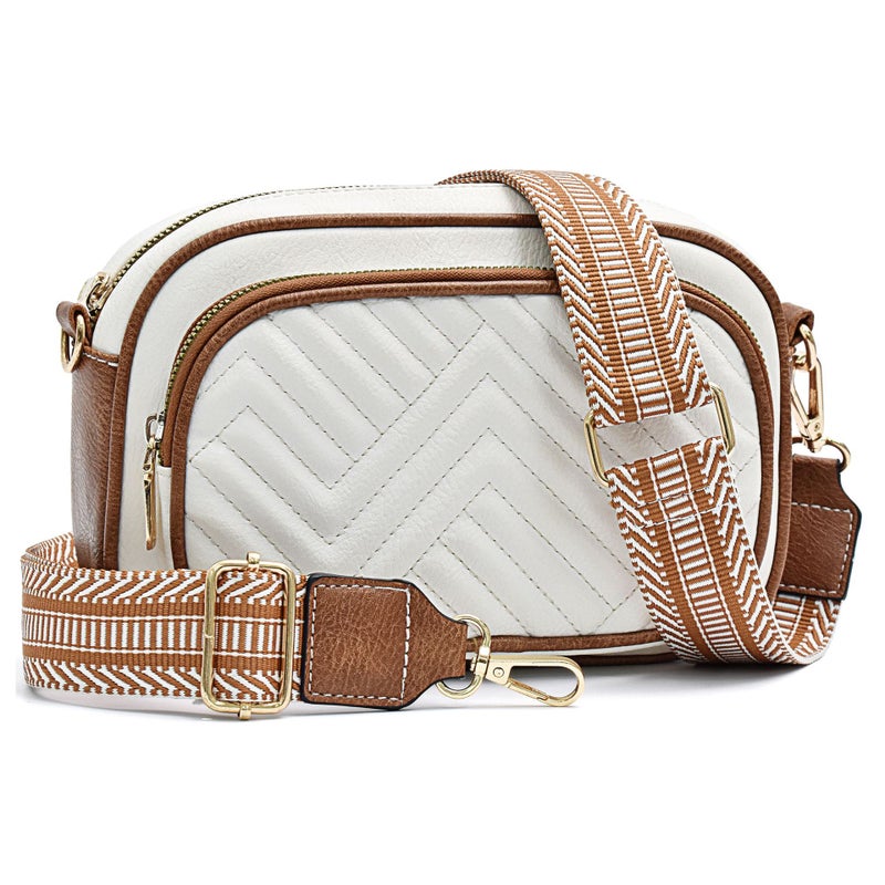 Vintage Stitched Color-Block Crossbody Bag, White and Brown - Image 1
