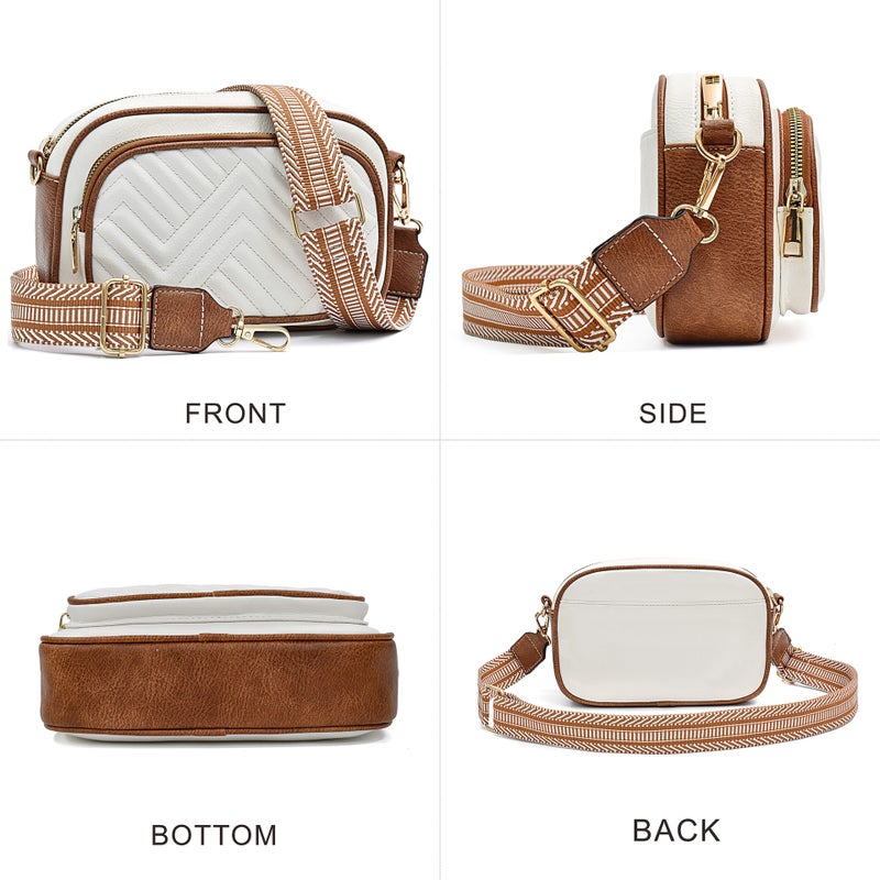 Vintage Stitched Color-Block Crossbody Bag, White and Brown - Image 3