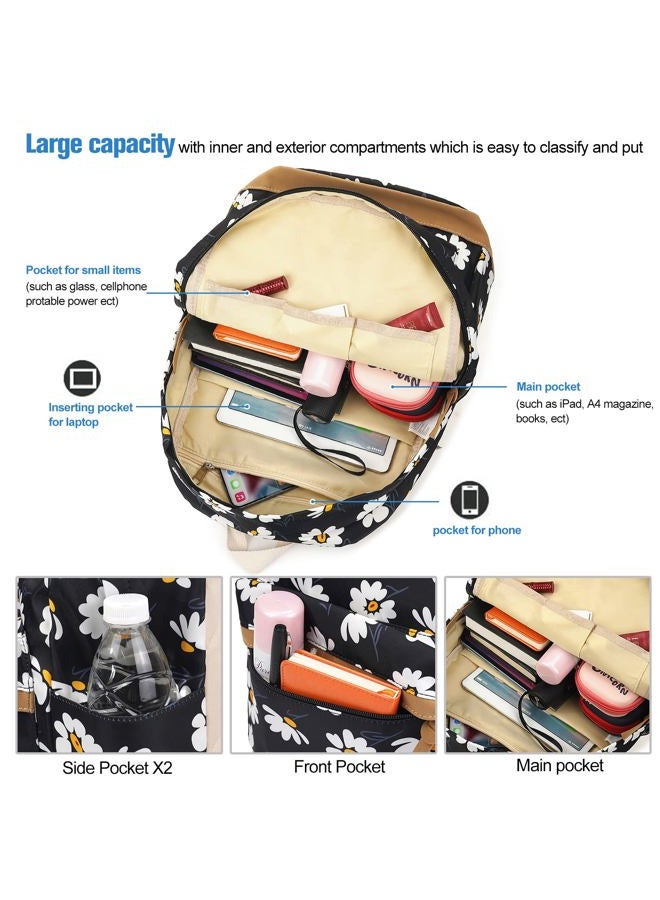 Junlion Flowers Backpack Kids School Bag 3-in-1 Bookbag Set, Laptop Backpack Lunch Bag Pencil Case Gift for Teen Girls Womens, Daisy Black, One Size - Image 3