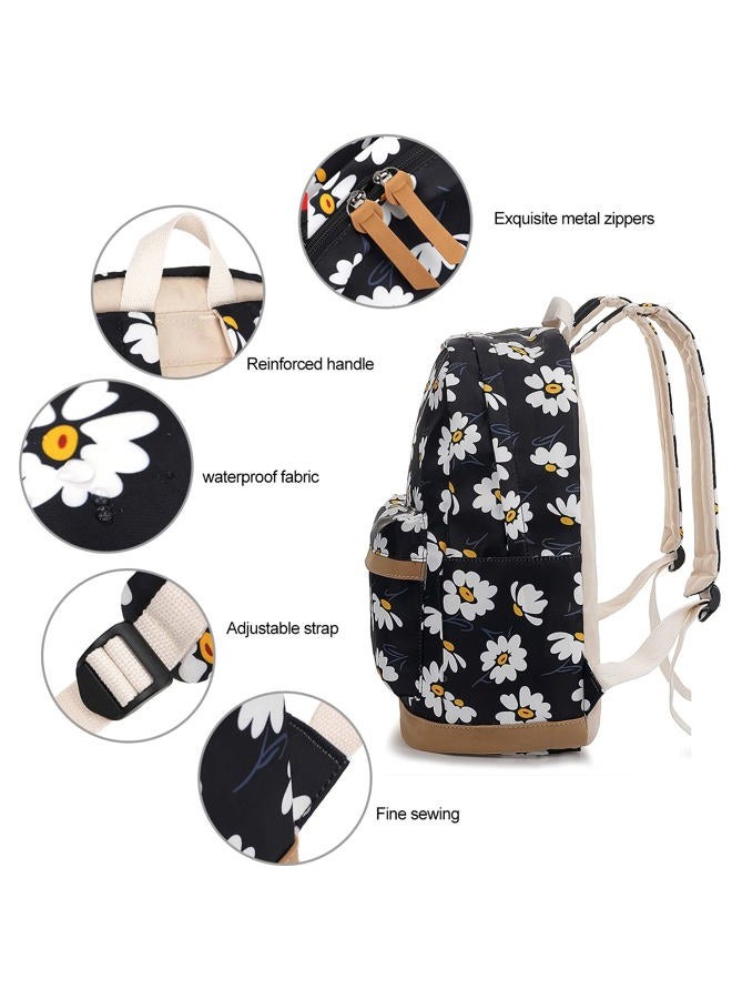 Junlion Flowers Backpack Kids School Bag 3-in-1 Bookbag Set, Laptop Backpack Lunch Bag Pencil Case Gift for Teen Girls Womens, Daisy Black, One Size - Image 4