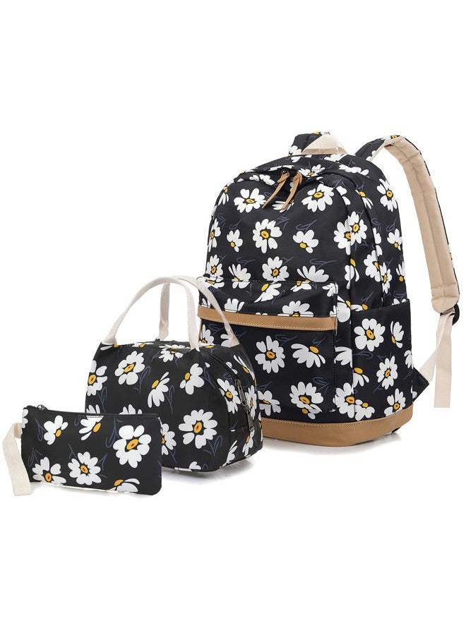 Junlion Flowers Backpack Kids School Bag 3-in-1 Bookbag Set, Laptop Backpack Lunch Bag Pencil Case Gift for Teen Girls Womens, Daisy Black, One Size - Image 1