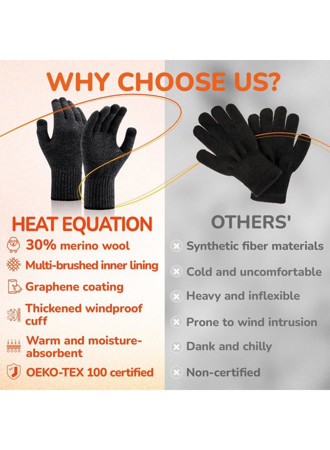 Heat equation Merino Wool Gloves for Men Women, Touch Screen Warm Glove Liners Thermal Soft Knit Lining for Winter Running Hiking, C01-(black Gray), L - Image 2