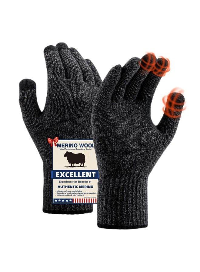 Heat equation Merino Wool Gloves for Men Women, Touch Screen Warm Glove Liners Thermal Soft Knit Lining for Winter Running Hiking, C01-(black Gray), L - Image 1