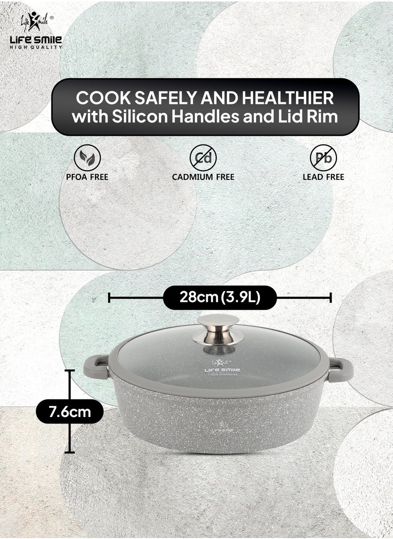 Life Smile 28cm (3.9 Liter) LIFE SMILE Shallow Pot - Multi Layer Non Stick Granite Coating 100% PFOA Free - Glass Lid With Silicone Rim - Detachable Silicone Handles - Oven Safe Frying Pan  - Image 3