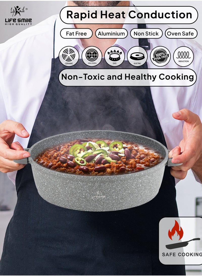 Life Smile - 28cm (3.9 Liter) LIFE SMILE Shallow Pot - Multi Layer Non Stick Granite Coating 100% PFOA Free - Glass Lid With Silicone Rim - Detachable Silicone Handles - Oven Safe Frying Pan - Image 1
