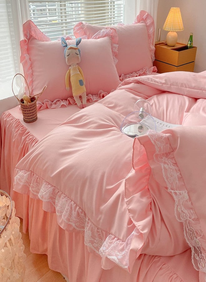 MOOWOO Chic Ruffle Lace Polyester Duvet Cover Set -Girl Pink Bedding-3 Piece Full Duvet Cover with Zipper Closure -Ultra Soft and Light Weight (Pink, Full) - Image 4