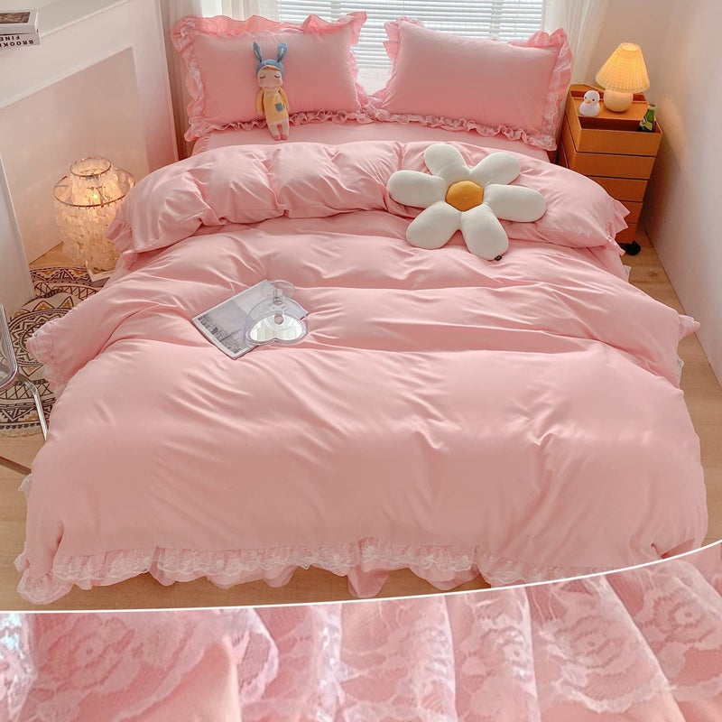 MOOWOO Chic Ruffle Lace Polyester Duvet Cover Set -Girl Pink Bedding-3 Piece Full Duvet Cover with Zipper Closure -Ultra Soft and Light Weight (Pink, Full) - Image 1