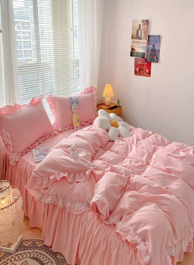 MOOWOO Chic Ruffle Lace Polyester Duvet Cover Set -Girl Pink Bedding-3 Piece Full Duvet Cover with Zipper Closure -Ultra Soft and Light Weight (Pink, Full) - Image 5